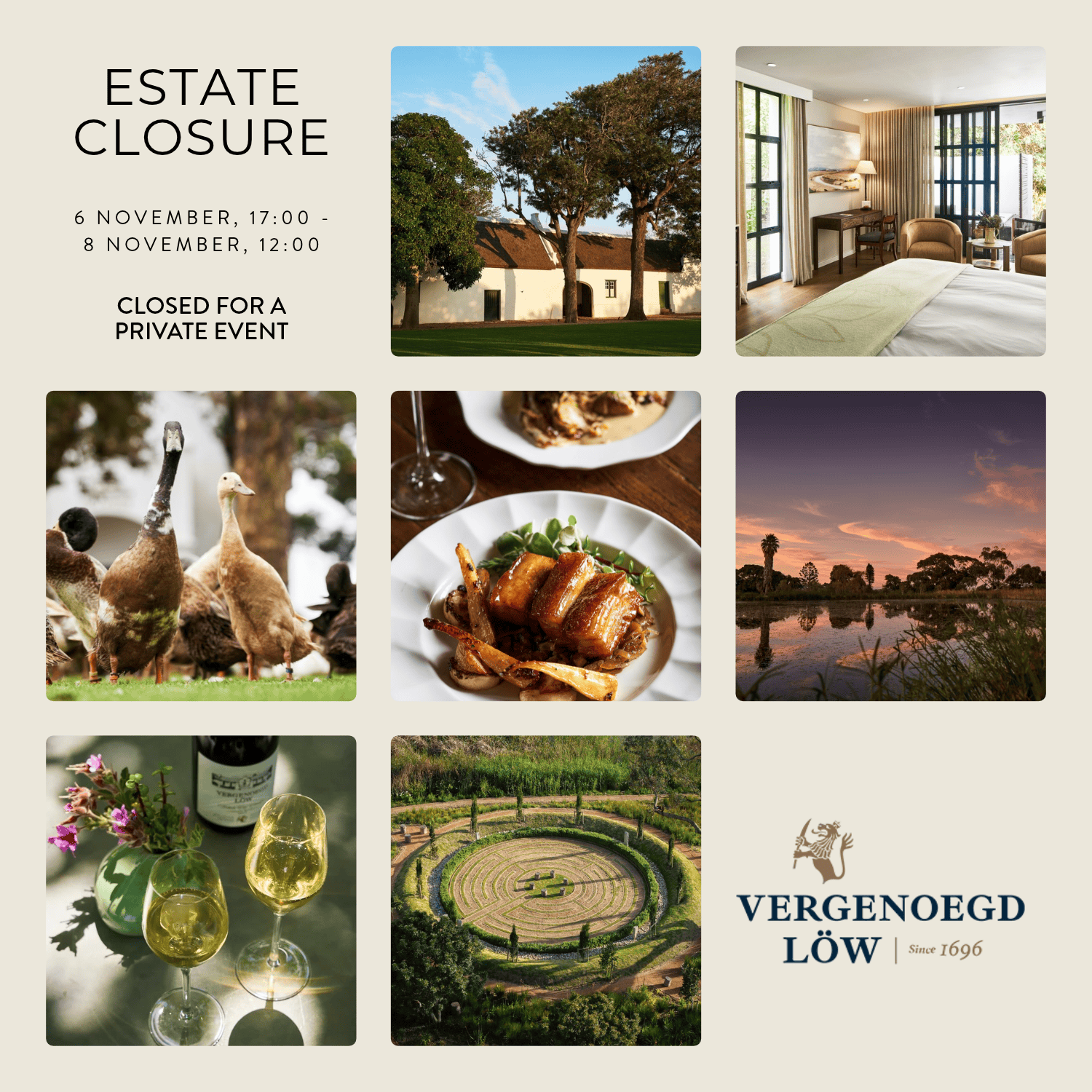 Estate closure for a private event: 6 November 2026 at 17:00 to 8 November 2026 at 12:00, South African time.
